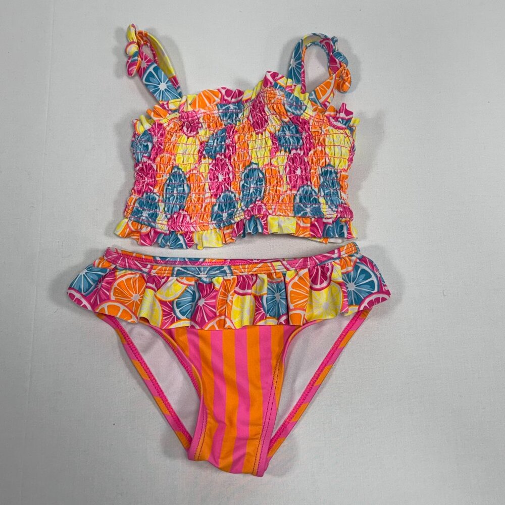 Smocked Fruit Print Betsey Johnson Pink Orange Bikini Set Size 4